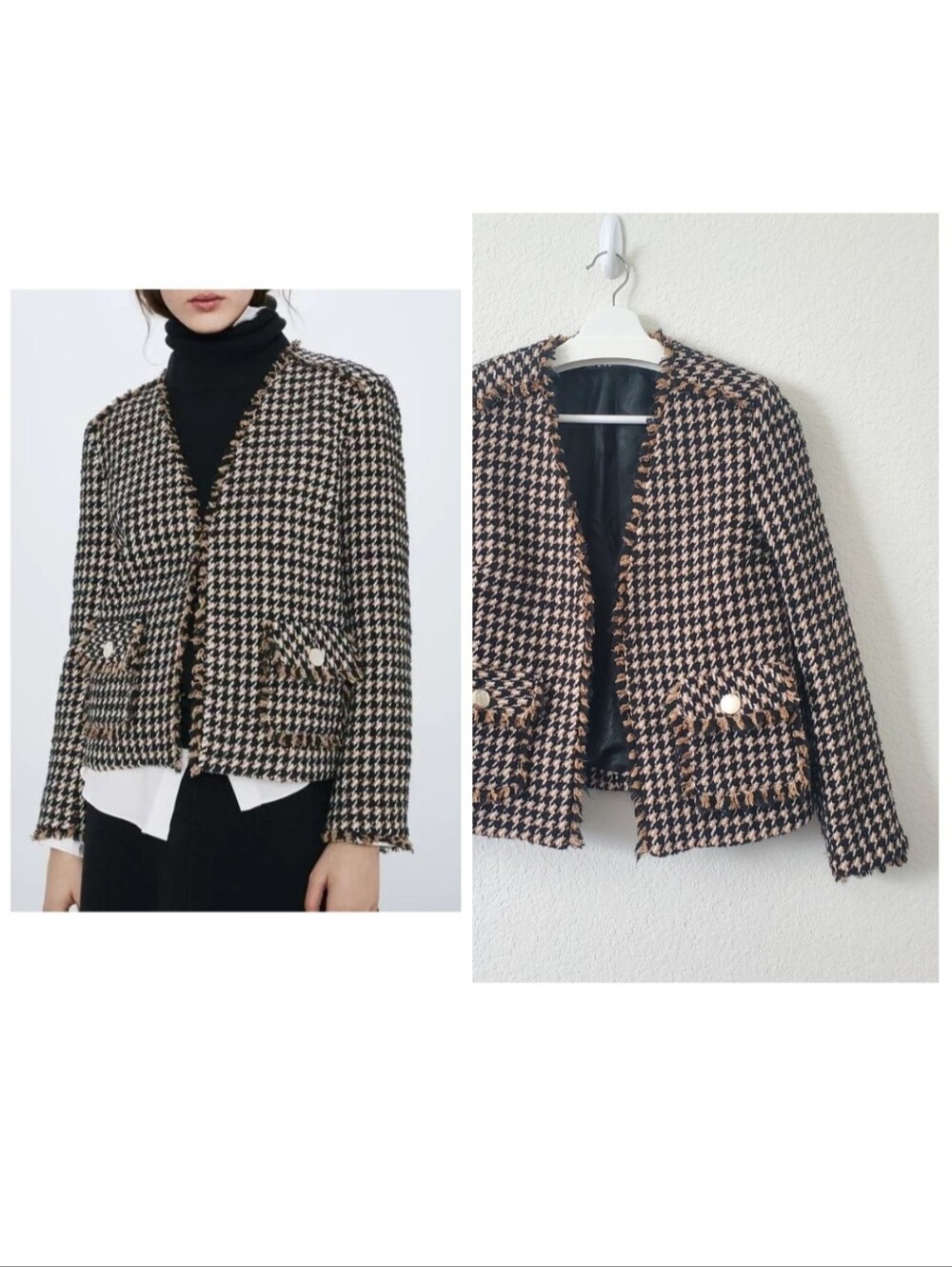 Zara Camel Tan Black Houndstooth Tweed Boxy Blazer Jacket Preppy Quiet Luxury